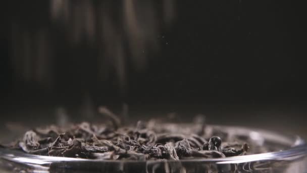 Slow motion leaf tea falls in a bowl close-up — Stock Video