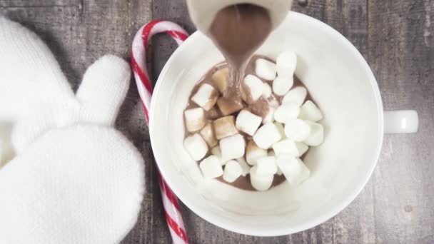 Movimento lento chocolate quente despeje em uma caneca de marshmallow vista superior — Vídeo de Stock