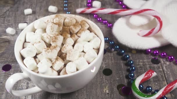 Zpomalený pohyb marshmallow v hrnečku s posypat horký nápoj se skořicí — Stock video