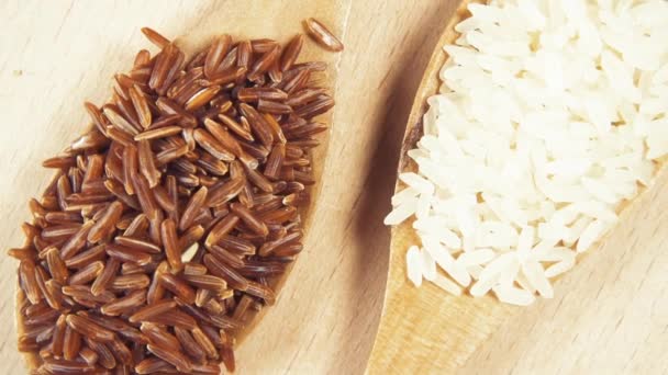 Grains in wooden spoons on wooden background top view — Stock Video