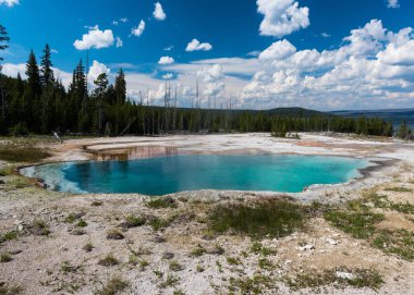 Yeşil ağaçlarıyla çevrili mavi gökyüzü göl