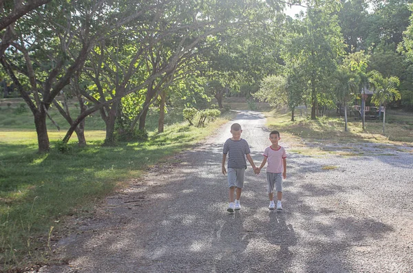 Twee Preteen Leuke Aziatische Jongen Die Lopen Een Openbaar Park — Stockfoto