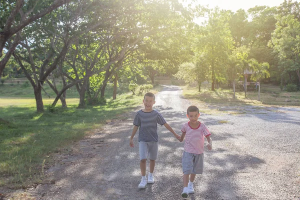 Twee Preteen Leuke Aziatische Jongen Die Lopen Een Openbaar Park — Stockfoto