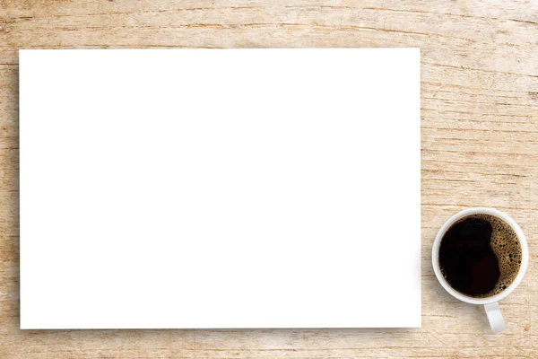 Bloc Notas Papel Blanco Taza Café Sobre Fondo Mesa Madera — Foto de Stock