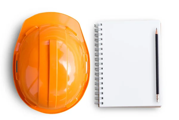 Vista Superior Con Casco Ingeniero Seguridad Naranja Cuaderno Bloc Notas — Foto de Stock