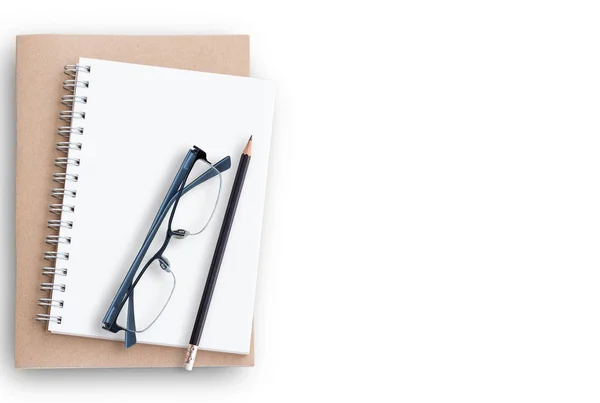 Bloco Notas Notebook Óculos Com Lápis Sobre Papel Parede Mesa — Fotografia de Stock