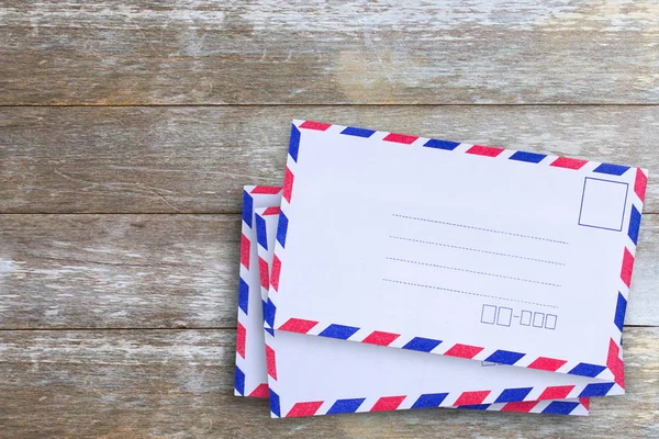 Top View Air Mail Envelope Wood Table Office Work Place — Stock Photo, Image