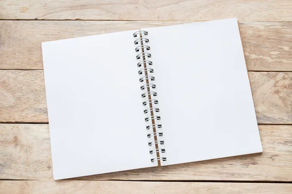 Czysty Papier Notebook Tle Brązowy Drewniany Stół Widok Góry Miejsca — Zdjęcie stockowe