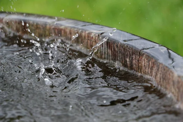 Regen Fällt Einem Holzfass Voller Wasser Garten — Stockfoto