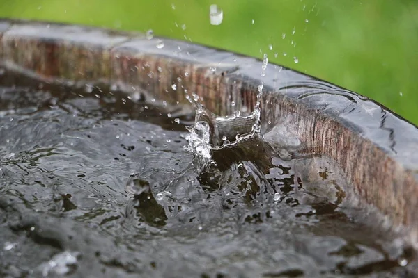 雨水正落在花园里一个装满水的木桶里 — 图库照片