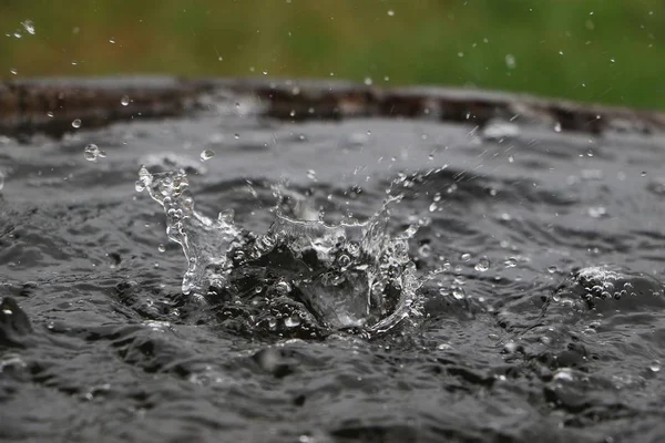 Lluvia Cae Barril Madera Lleno Agua Jardín —  Fotos de Stock