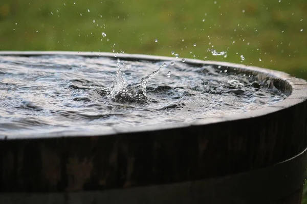 Lluvia Cae Barril Madera Lleno Agua Jardín —  Fotos de Stock