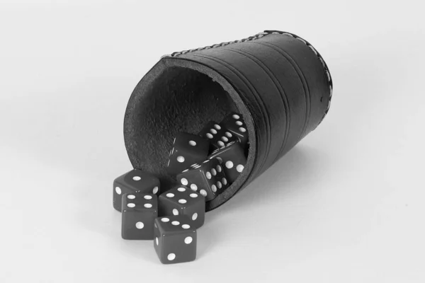 Heap Dices Cup Leather Lying Studio Black White — Stock Photo, Image