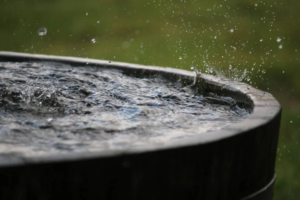 Regen Fällt Einem Holzfass Voller Wasser Garten — Stockfoto