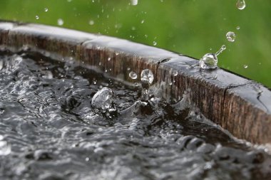 Yağmur, bahçedeki su dolu bir varile düşüyor.