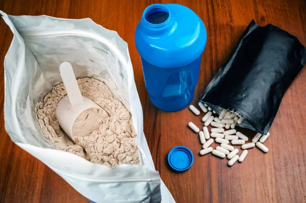Proteine Pulver Bcaa Pils Och Shaker Hälsosam Kost — Stockfoto