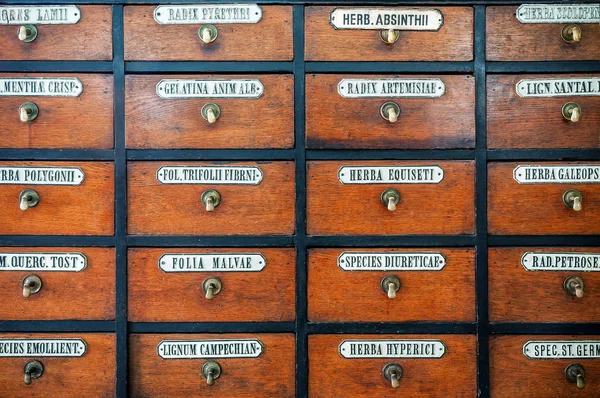 bir doku olarak uyuşturucu Latince adları ile eski eczane çekmece