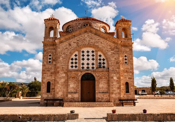 Greek christian church Agios Georgios in the Cyprus on sunset