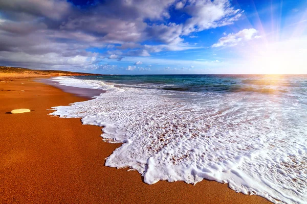 Spiaggia Con Sabbia Dorata Tramonto — Foto Stock