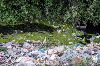 Çeşitli çöp ve çöplerle kirletilmiş nehir, kirli nehirler, fotoğrafçılık