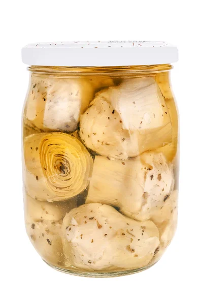 Glass Jar Marinated Artichokes Isilated White — Stock Photo, Image