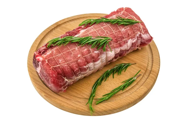Raw Meat Wooden Plate Green Rosemary Isolated White — Stock Photo, Image
