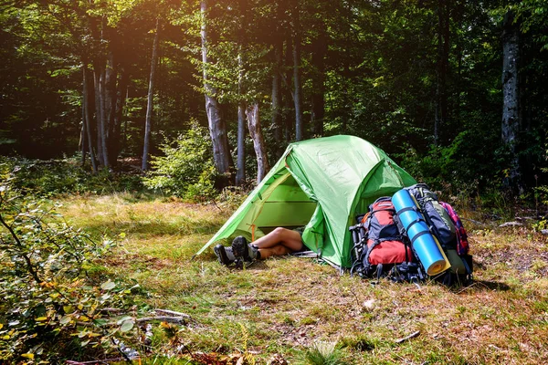 Backpacks Tent Resting Girl Hiking Theme — Stock Photo, Image
