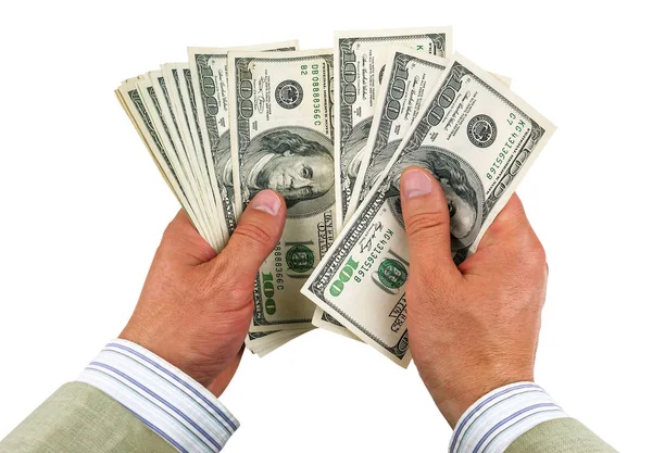 Hundred Dollars Businessman Hands Isolated White — Stock Photo, Image