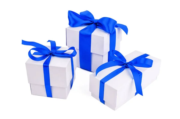 Tres Cajas Regalo Cinta Azul Aisladas Blanco —  Fotos de Stock