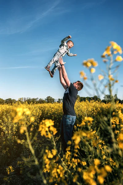 Papa Place Bébé Souriant Dans Champ Viols Jaunes — Photo