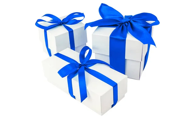 Three Gift Boxes Blue Ribbon Isolated White — Stock Photo, Image