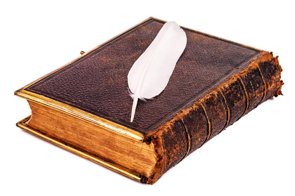 Vecchia Bibbia Pelle Isolata Bianco — Foto Stock