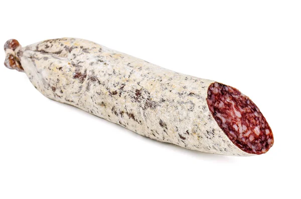 Pedaço Salame Delicioso Isolado Branco — Fotografia de Stock