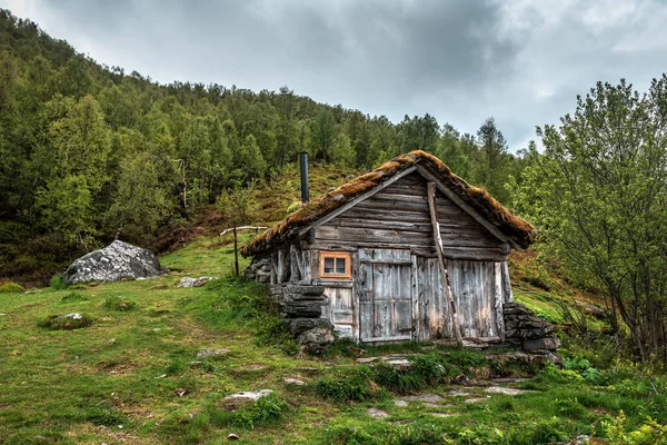 典型的斯堪的纳维亚小屋 挪威山区有草顶 — 图库照片
