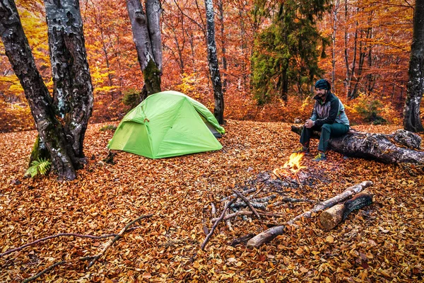 Turist Sarı Sonbahar Ormanında Çadırın Yanında Oturuyor — Stok fotoğraf