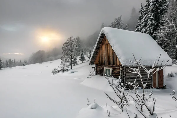 Drewniana Chata Pokryta Śniegiem Karpatach Piękny Zimowy Krajobraz Obraz Stockowy