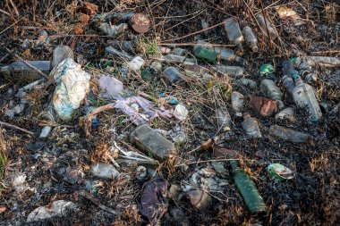 Şişeler ve yanmış çimenlerdeki diğer çöpler.