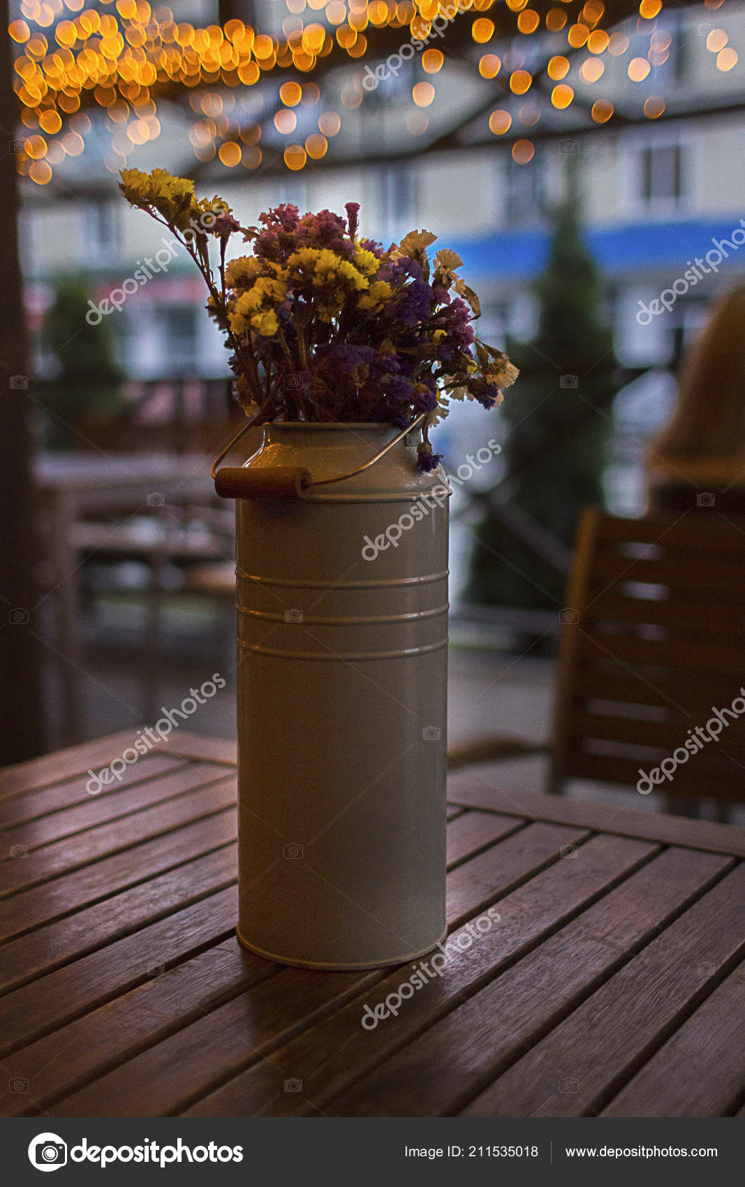 Bouquet Flowers Beet Wooden Table Evening Background Lights Vase