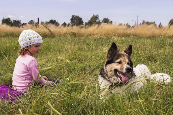 Çim sahada oturan bir beyaz köpek ile küçük kız