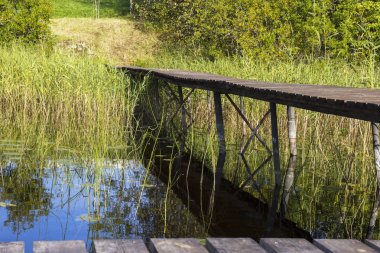 Aşırı büyümüş kıyıya yakın küçük bir iskele ile nehrin güzel manzara.