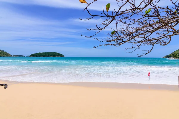 Sahilde güzel dalgalar, berrak sular, tatilde Andrea Denizi 'ndeki beyaz kumlar Phuket Tayland.