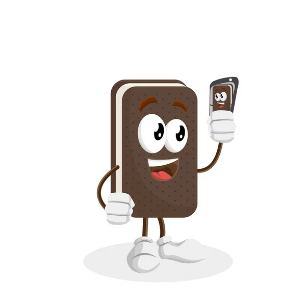Dondurma Sandviç Maskotu Arka Plan Ith Selfie Duruşu Logo Veya — Stok Vektör