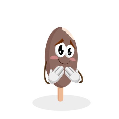 Çikolatalı dondurma maskotu ve arka plan utanç pozuyla logo veya marka maskot için düz tasarım stil