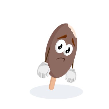 Çikolatalı dondurma maskotu ve arka plan üzgün pozuyla logo veya marka maskot için düz tasarım stil