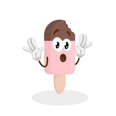 Dondurma sandviç maskotu ve arka plan sürpriz duruşu logo veya maskotu marka düz tasarım stili ile