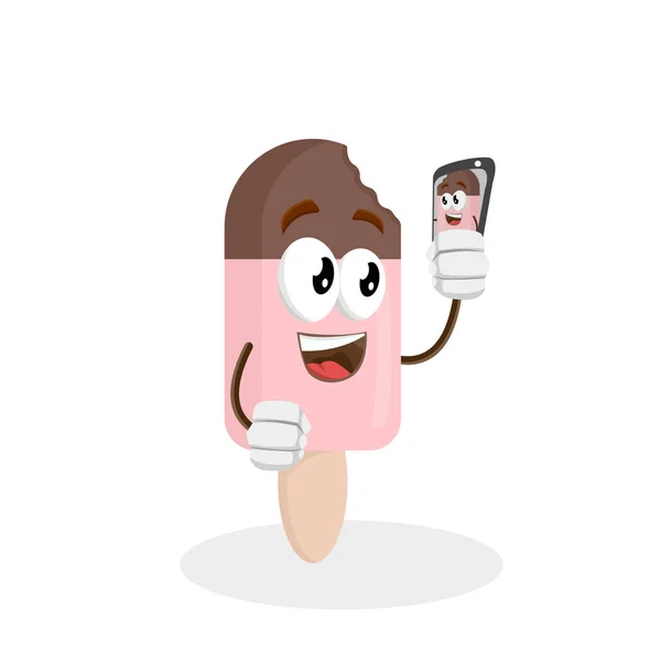 Ice Cream Sandwich Maskot Och Bakgrunden Med Selfie Pose Med — Stock vektor