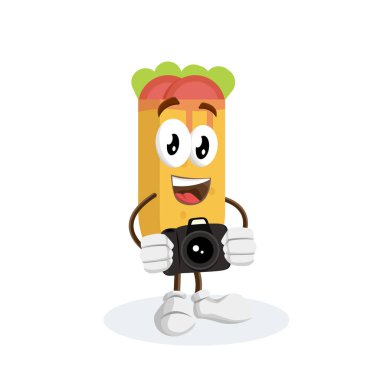 Kebap maskotu ve logosu veya maskotu marka düz tasarım stili ile kamera poz ile arka plan