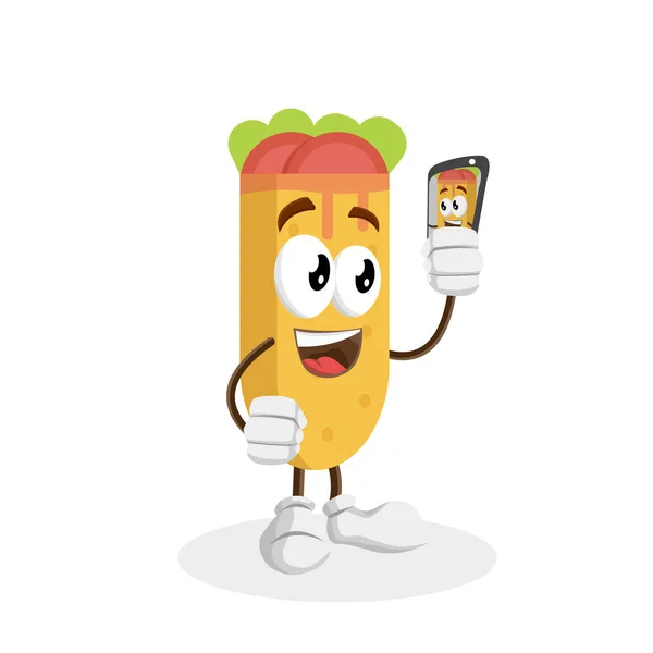 Mascota Kebab Fondo Con Pose Selfie Con Estilo Diseño Plano — Vector de stock