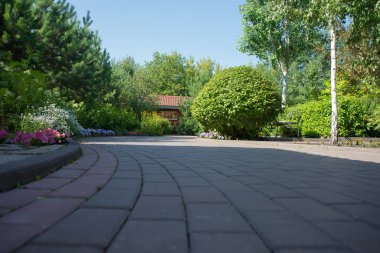 bir arnavut kaldırımlı yol güneşli bir yaz gününde yeşil bahçe, çiçek ağaçları ve çalılar ile bir bahçe ile çalışır,