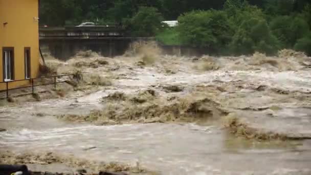 Natuurramp Snel Stromende Razende Rivier Bodem Modder Komen Naar Beneden — Stockvideo